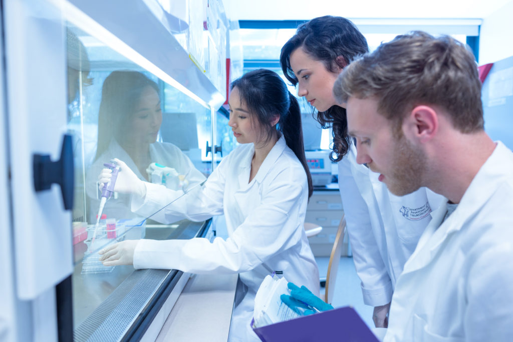 Science students using pipette in the lab at the university