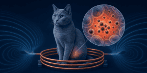 A cat sits inside a copper coil while a zoom-in shows particles reacting to a magnetic field
