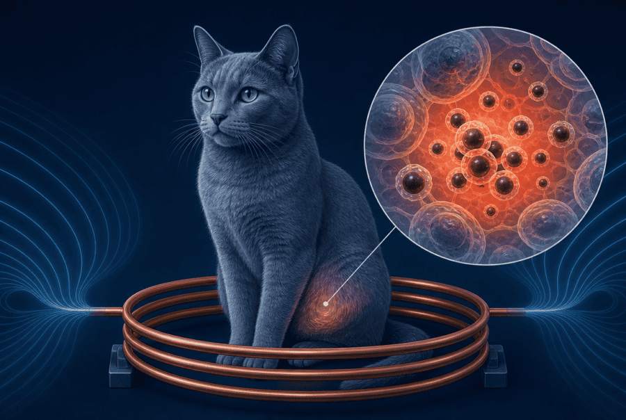 A cat sits inside a copper coil while a zoom-in shows particles reacting to a magnetic field
