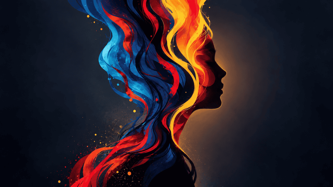 A woman is made of colorful ribbons to show her emotional state due to menopause