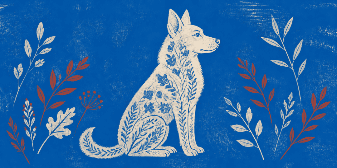 Dog silhouette in field of leafy plants