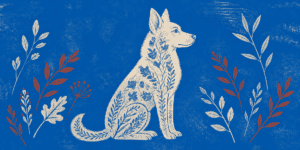 Dog silhouette in field of leafy plants