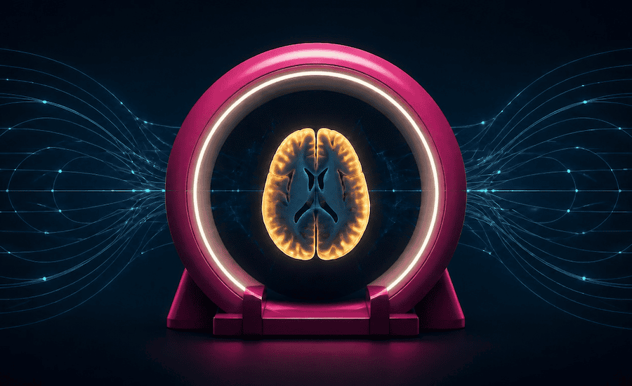Illustration by the Parsemus Foundation that suggests a cross-section of a brain in a scanner that's capturing images of cortical lesions