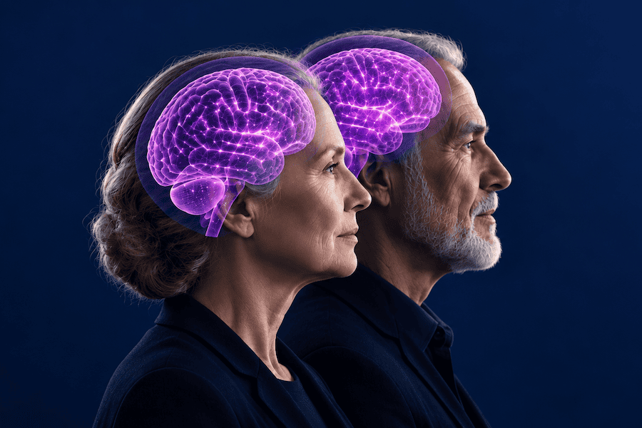 The heads of a man and woman look to the right while the brain of each is shown as a hologram