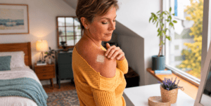 Middle aged woman applying transdermal testosterone hormone patch to shoulder.