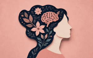 Woman with brain and flowers in her hair to symbolize mental health due to hormonal balance